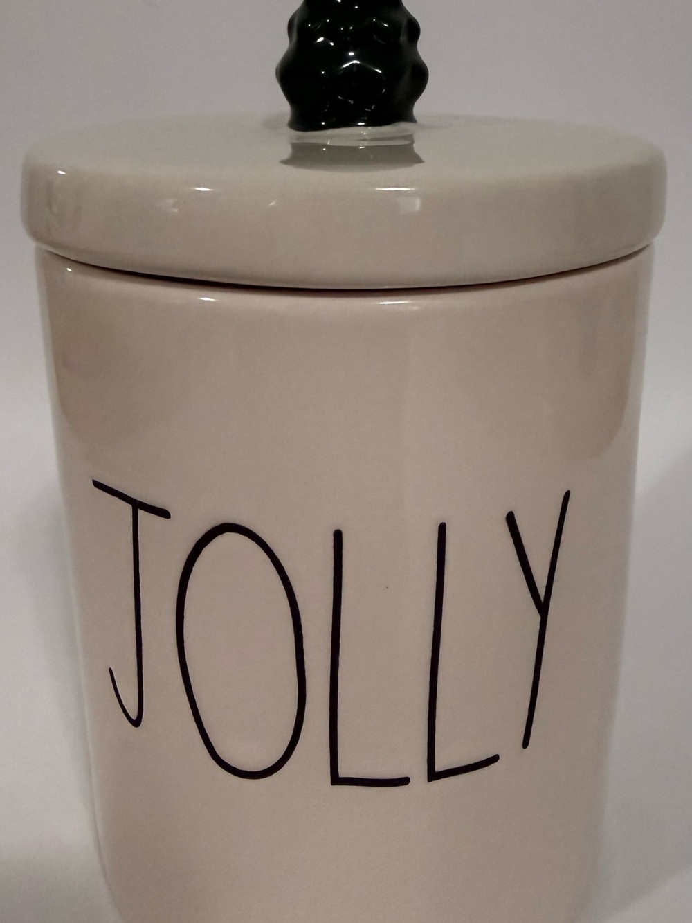 Rae Dunn Artesian Collection by Magenta JOLLY Canister w/ Christmas Tree Handle